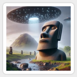 Ancient Encounter: Moai Statues and UFOs Sticker